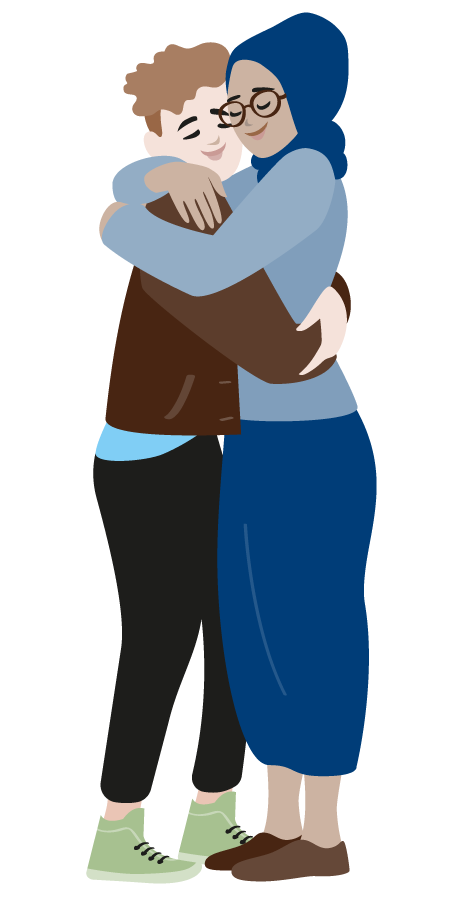 Illustration: zwei Jugendliche, die sich eng im Arm halten und mit geschlossenen Augen lächeln