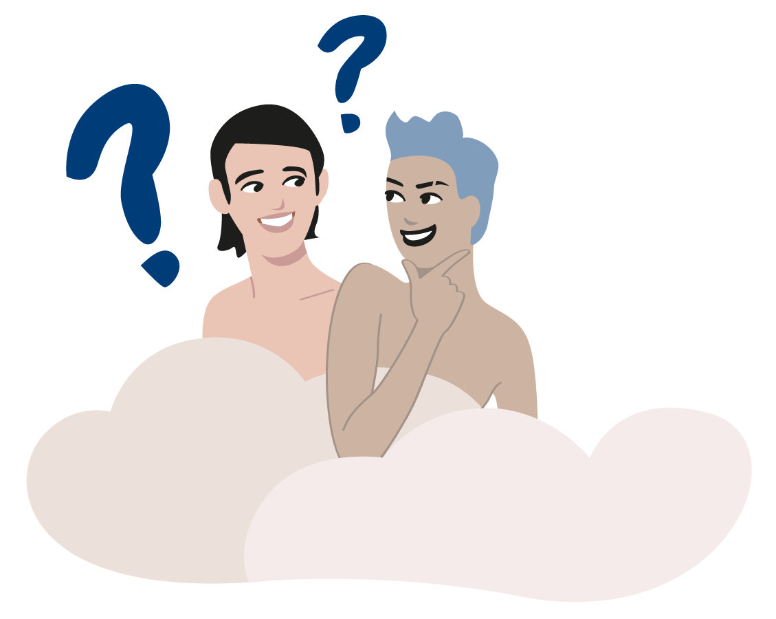 Illustration von zwei nackten Personen (bis knapp unter den Schultern sichtbar) hinter zwei wolkenähnlichen Bettdecken, die sich anlächeln und Fragezeichen über den Köpfen haben
