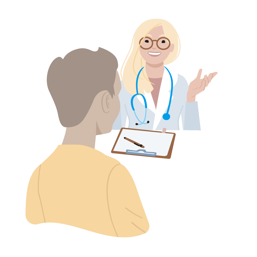 Illustration einer von hinten zu sehenden Person, die vor einer sprechenden Ärztin mit Klemmbrett und Stethoskop sitzt.
