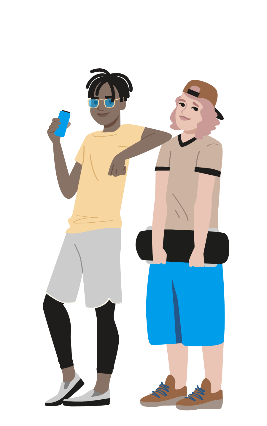 Illustration: zwei stehende, befreundet wirkende Jugendliche, einer mit Getränk in der Hand, der andere mit Skateboard in den Händen.