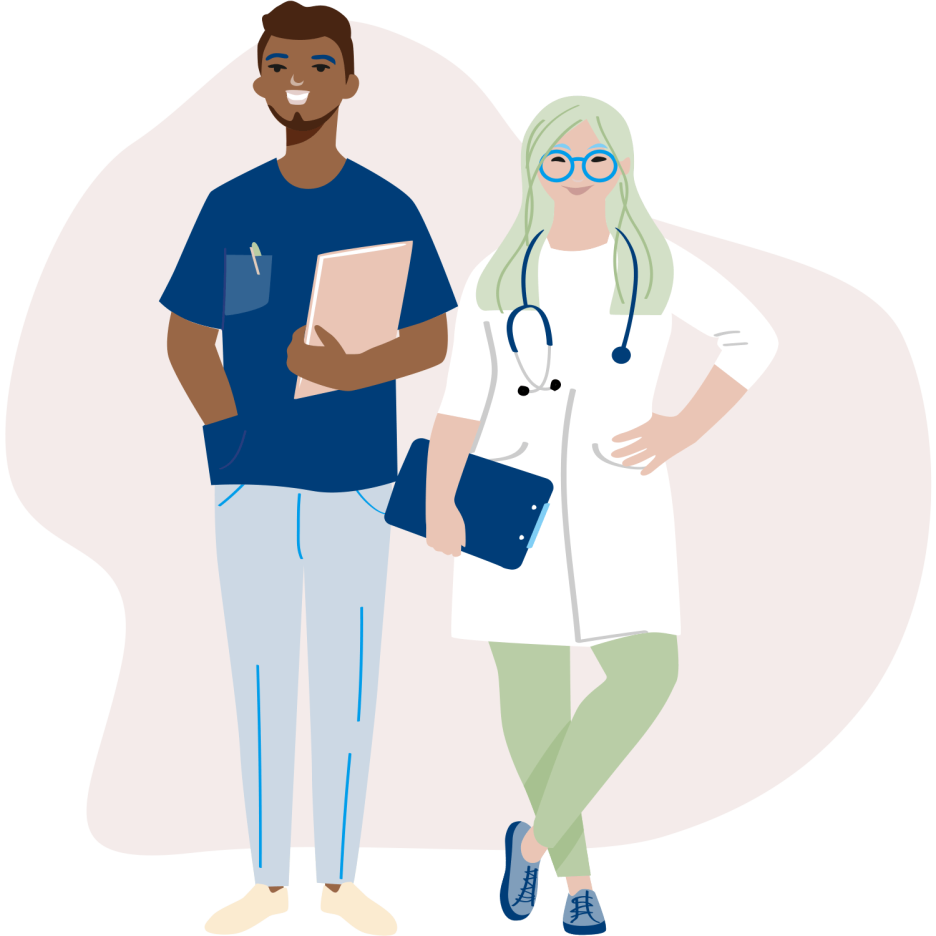 Illustration von zwei Ärzt*innen mit Kittel und Krankenhausbekleidung, die lächeln