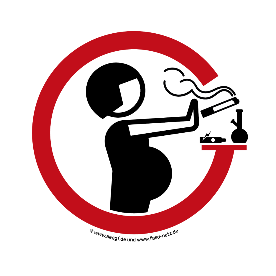 Piktogramm: Illustration einer schwangeren Person in einem roten Kreis, die die Hand abwehrend vor eine Zigarette, eine Shisha und eine E-Zigarette streckt