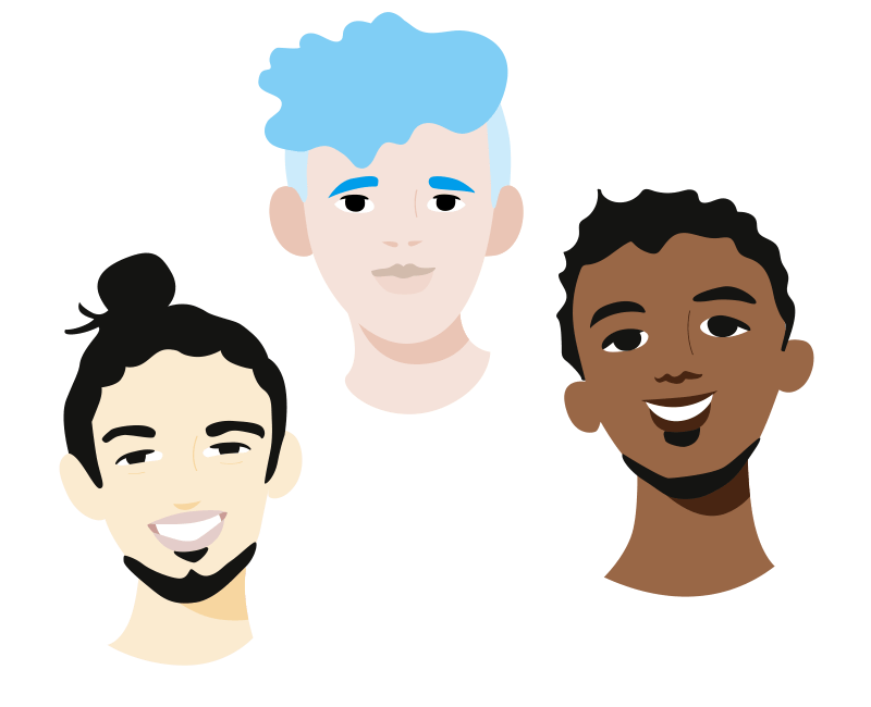 Illustration von drei männlichen Köpfen mit unterschiedlichen Haar-und Hautfarben sowie unterschiedlichen Barttypen
