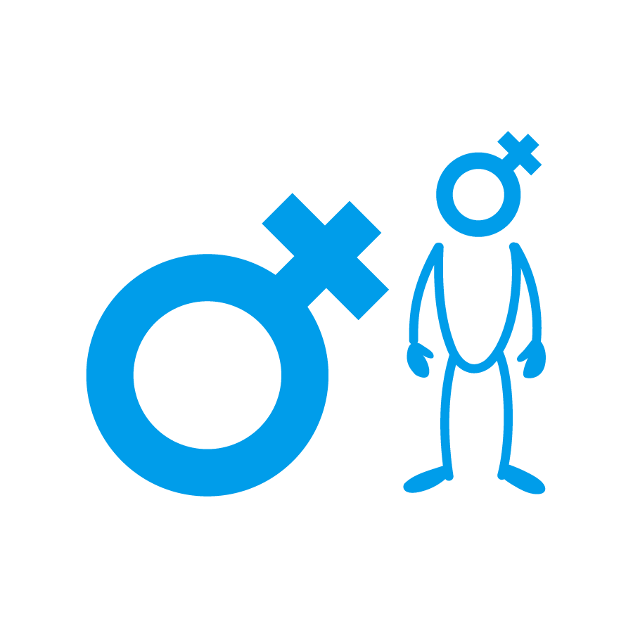 Illustration: Gendersymbol für 'trans-männlich', daneben eine Figur mit demselben Gendersymbol als Kopf