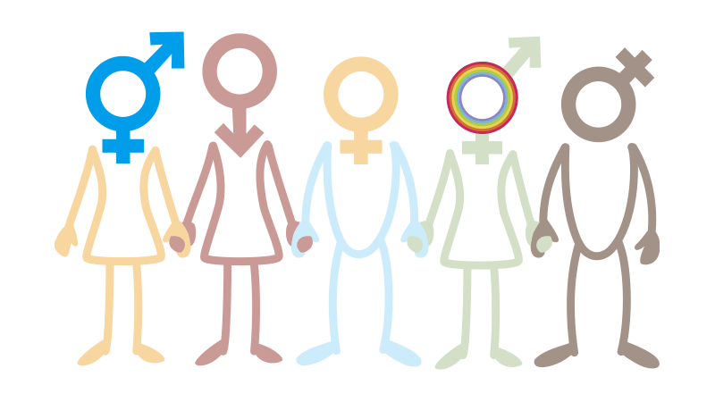 Illustration: symbolische Darstellung von 'Pansexualität' durch eine Reihe von Figuren, die sich an den Händen halten, mit verschiedenen Gender-Symbolen als Kopf