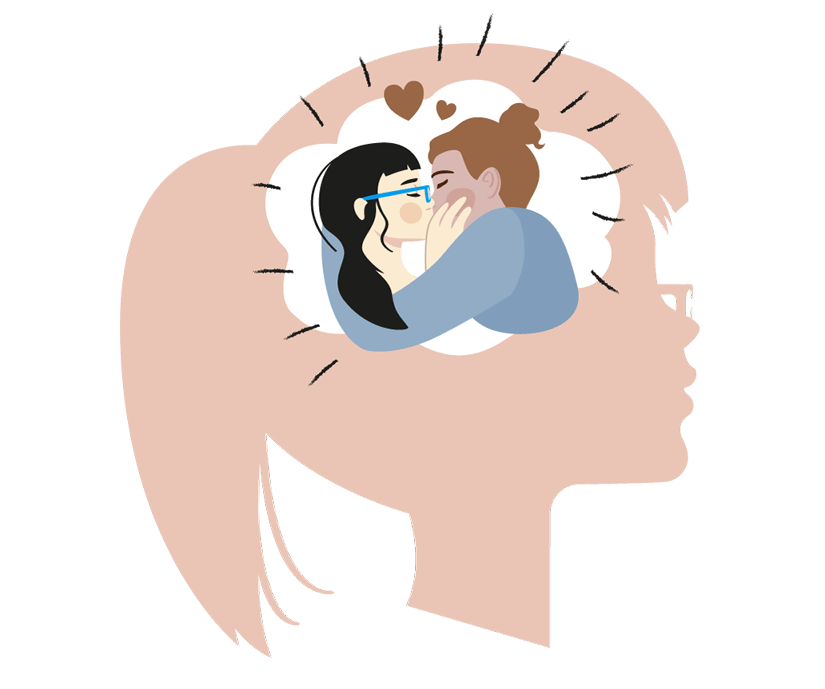 Illustration: Seitansicht eines einfarbigen Kopfes, darin eine Gedankenwolke, in der zwei Jugendliche sich küssen mit Herzen über ihren Köpfen