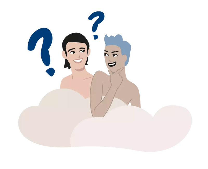 Illustration von zwei nackten Personen (bis knapp unter den Schultern sichtbar) hinter zwei wolkenähnlichen Bettdecken, die sich anlächeln und Fragezeichen über den Köpfen haben